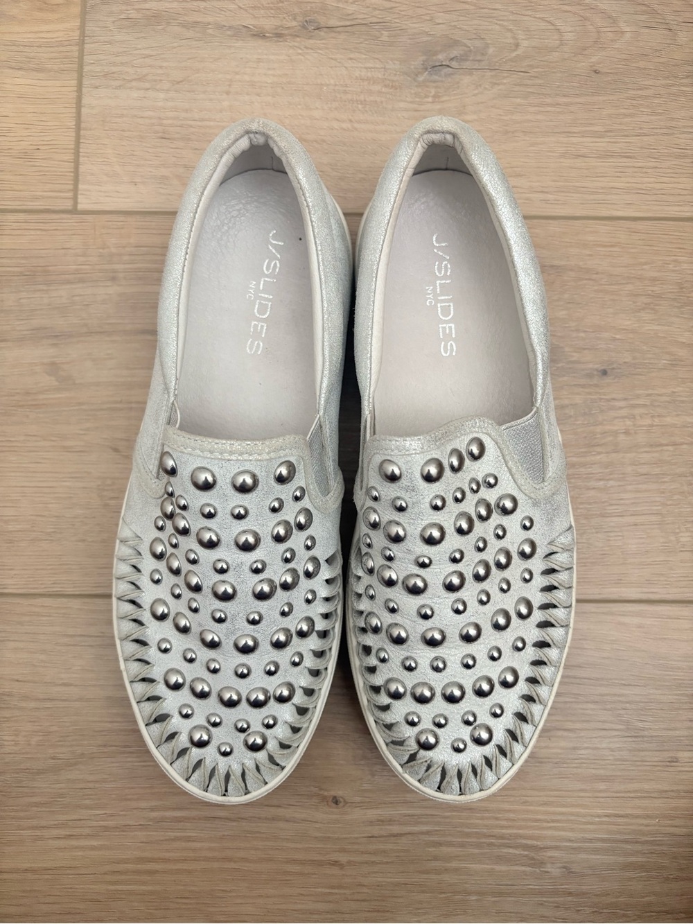 J/Slides Silver Studded Leather Slip-On Sneakers Size 8
